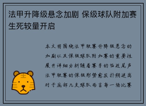 法甲升降级悬念加剧 保级球队附加赛生死较量开启