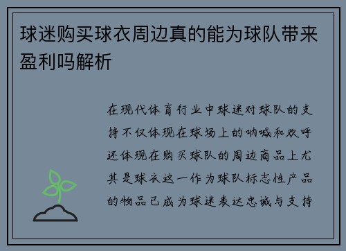 球迷购买球衣周边真的能为球队带来盈利吗解析