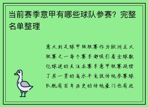 当前赛季意甲有哪些球队参赛？完整名单整理