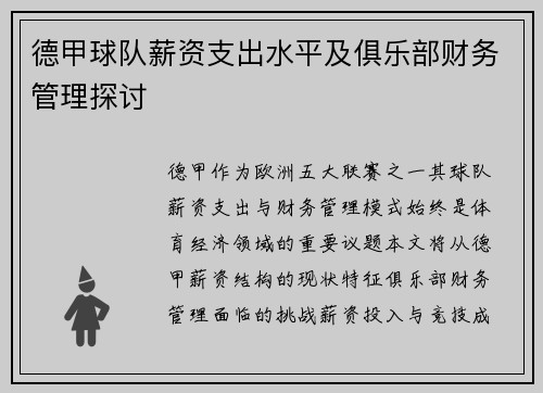 德甲球队薪资支出水平及俱乐部财务管理探讨